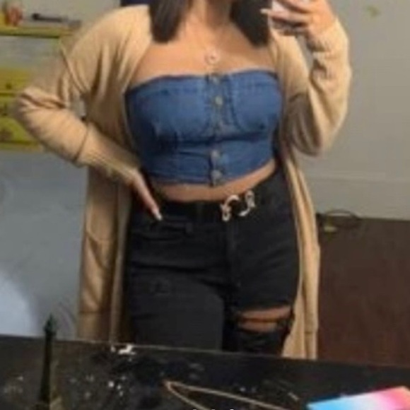 Cropped Bustier Blue Denim Jean tube Summer Top - Picture 3 of 3